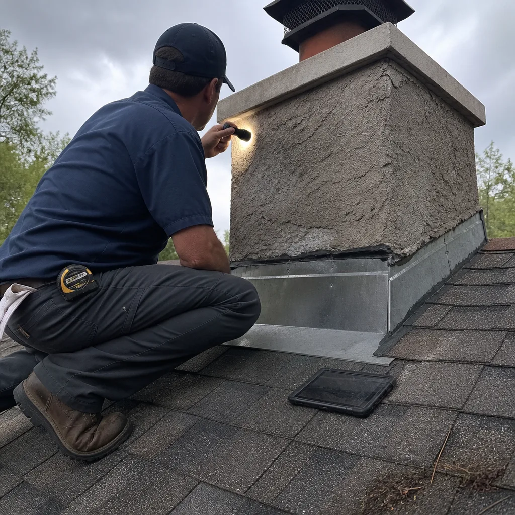 Professional chimney inspector examining a residential roof chimney with a flashlight.