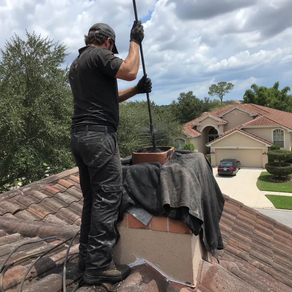 Professional chimney sweep cleaning a residential brick chimney on a roof