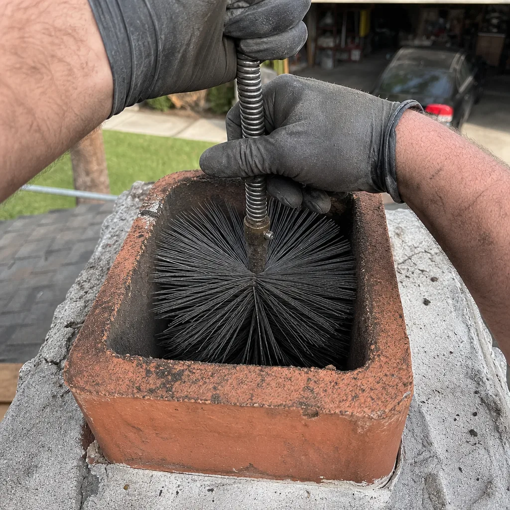 Professional chimney sweep cleaning a brick chimney flue with a wire brush