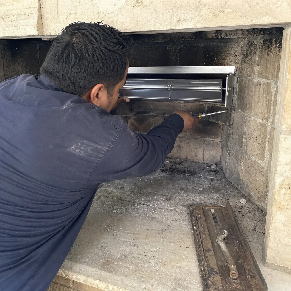Professional technician performing residential fireplace damper repair and installation