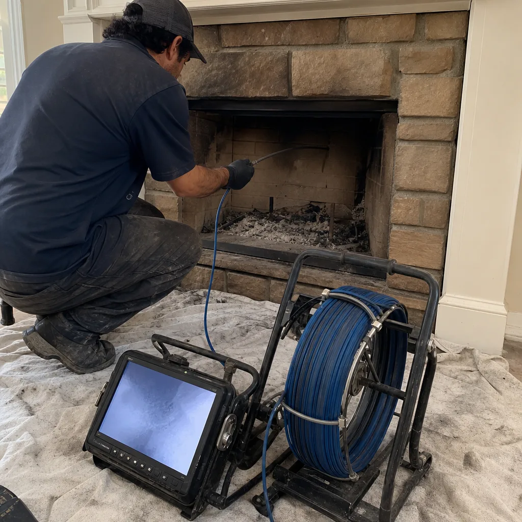 Technician performing a professional fireplace chimney inspection with a camera system.