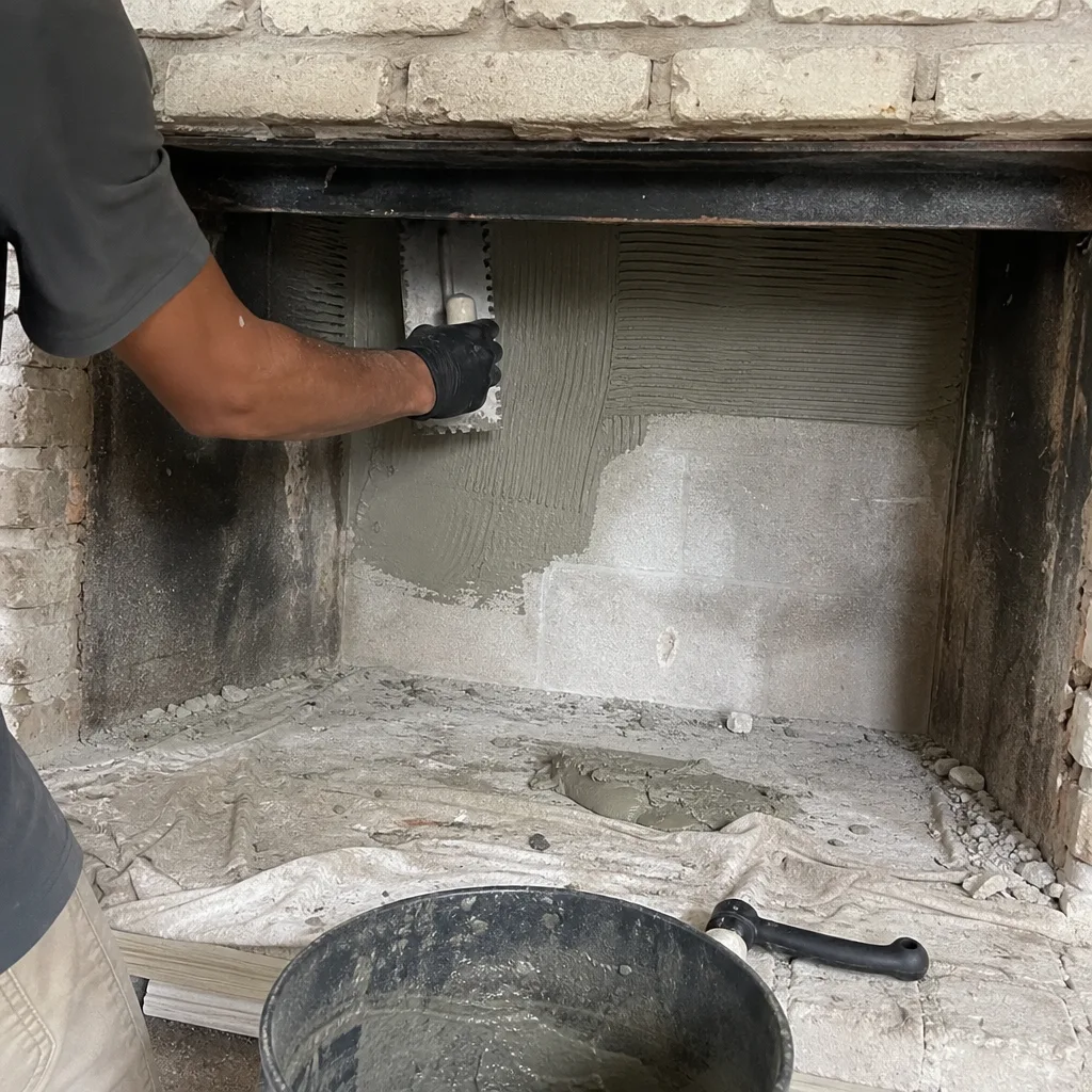 Professional contractor applying mortar to fireplace interior with a trowel.